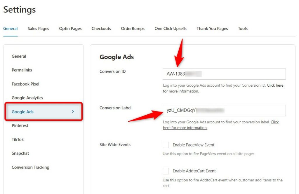 Paste the Google Ads conversion tracking - conversion ID and label