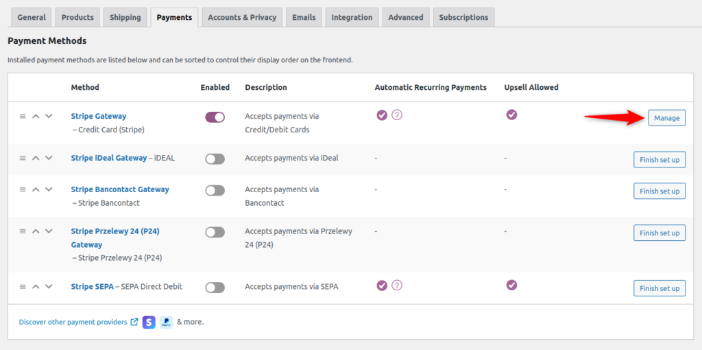 managing Stripe gateway (credit cards)