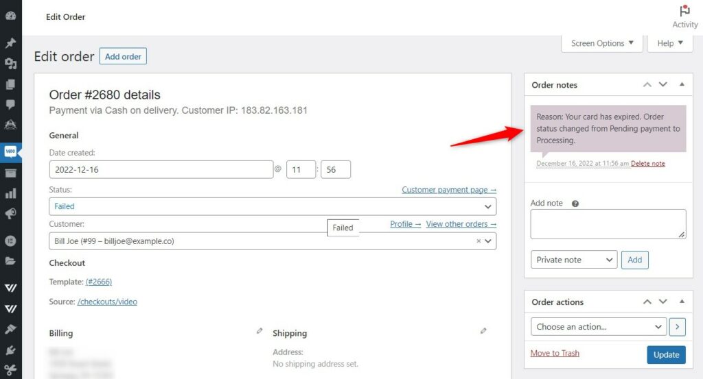 Check the WooCommerce order notes