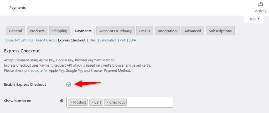 enabling express checkout option