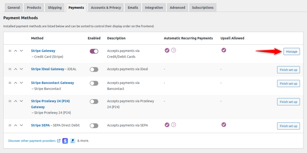 Manage Stripe Gateway under WooCommerce Payments settings