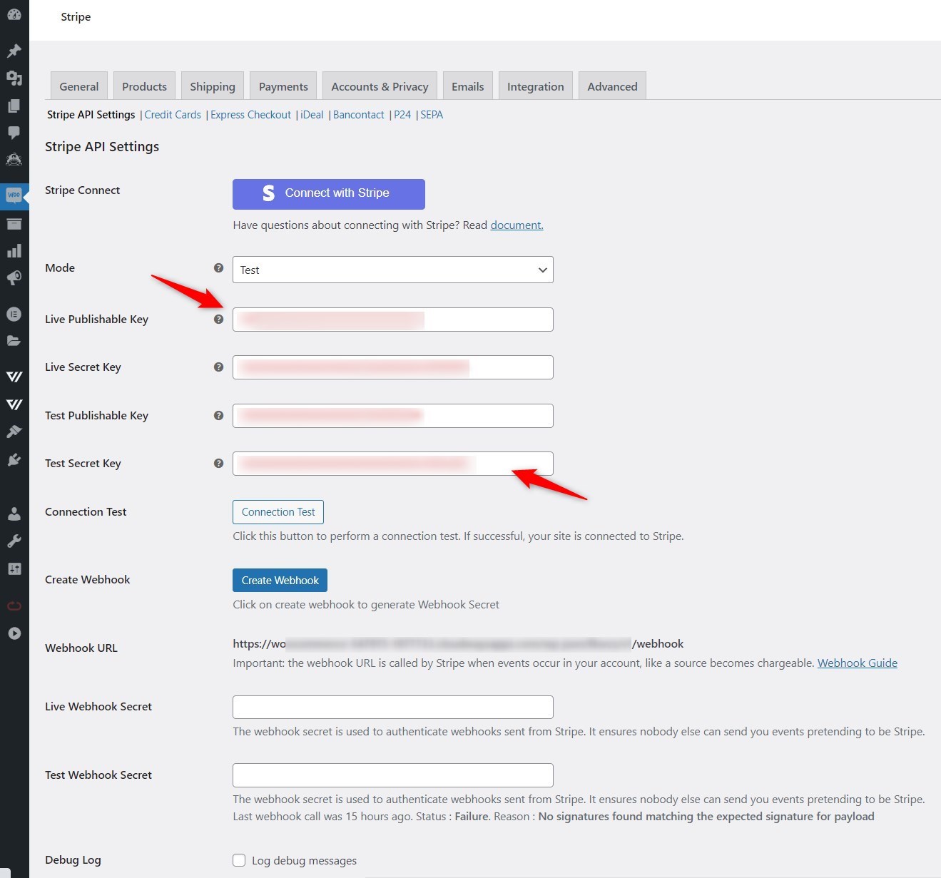Paste both the publishable and test keys