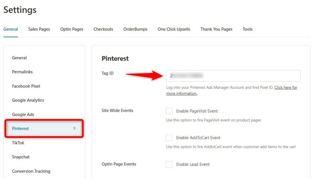 Paste the Pinterest tag ID to set up the WooCommerce Pinterest conversion tracking