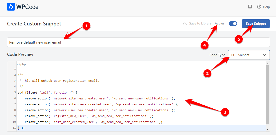 copy paste custom code snippet to disable new user email