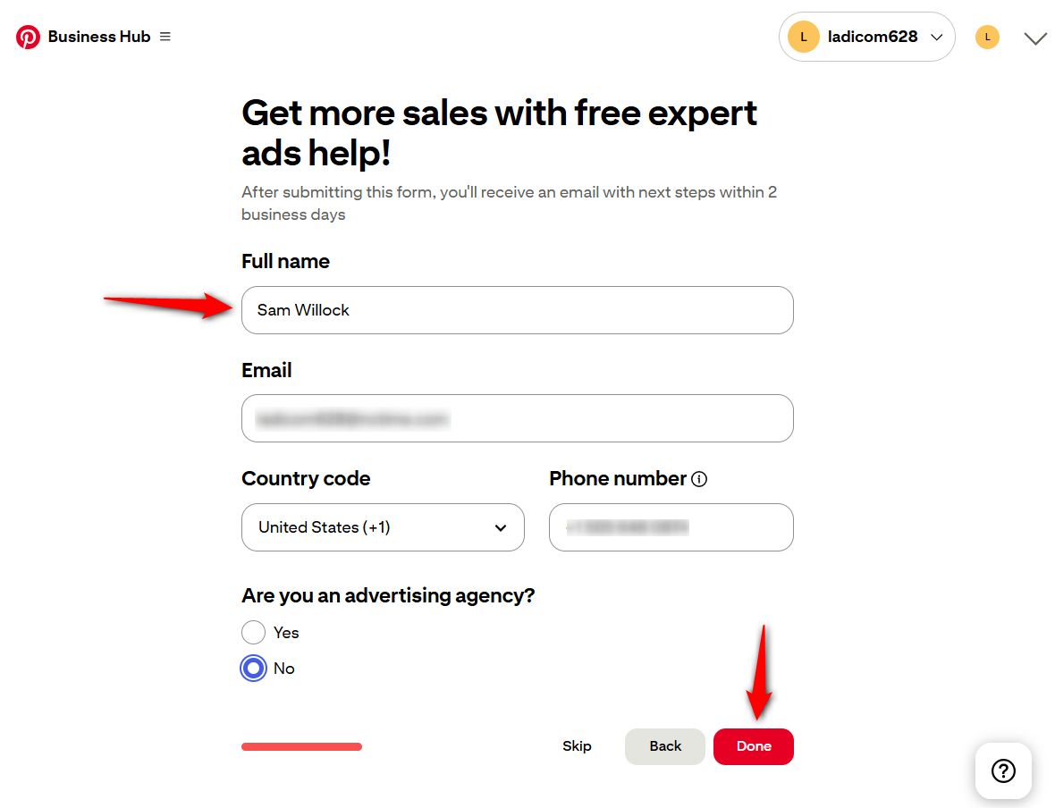 Set up your Pinterest Business account - enter your full name, email, phone number and complete your details