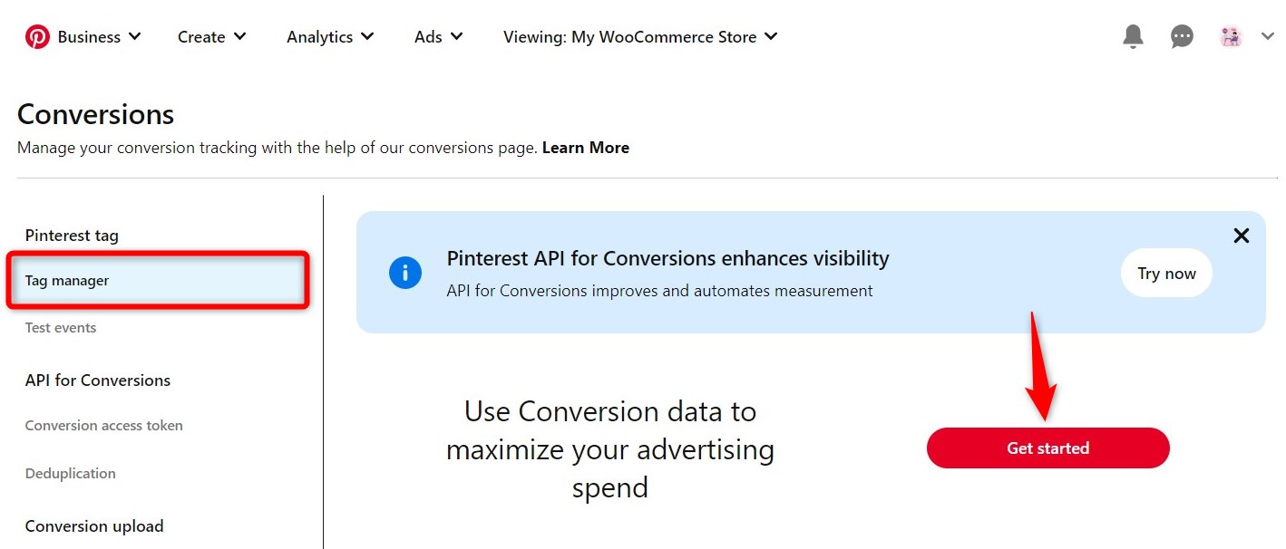 On the Tag manager section, click on the Get started button