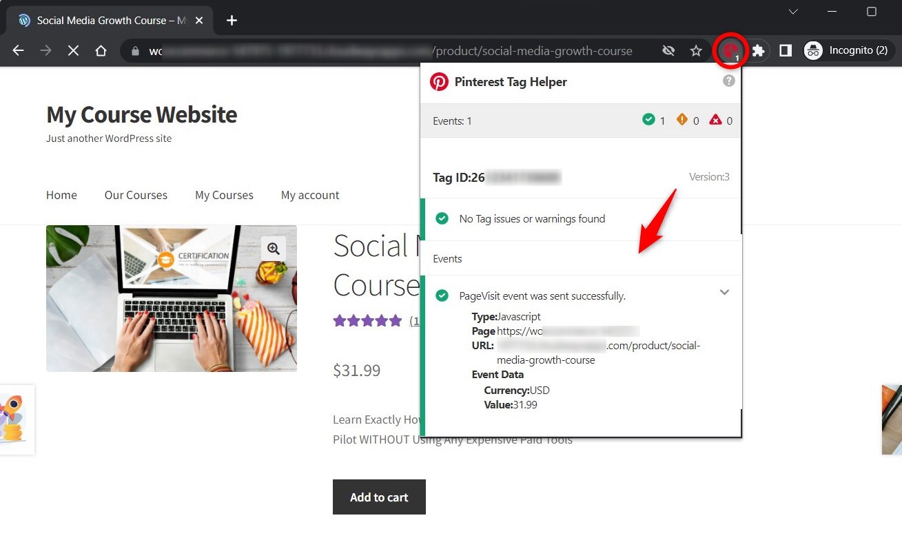 WooCommerce Pinterest Conversion Tracking event test - navigate to the product page and view an item