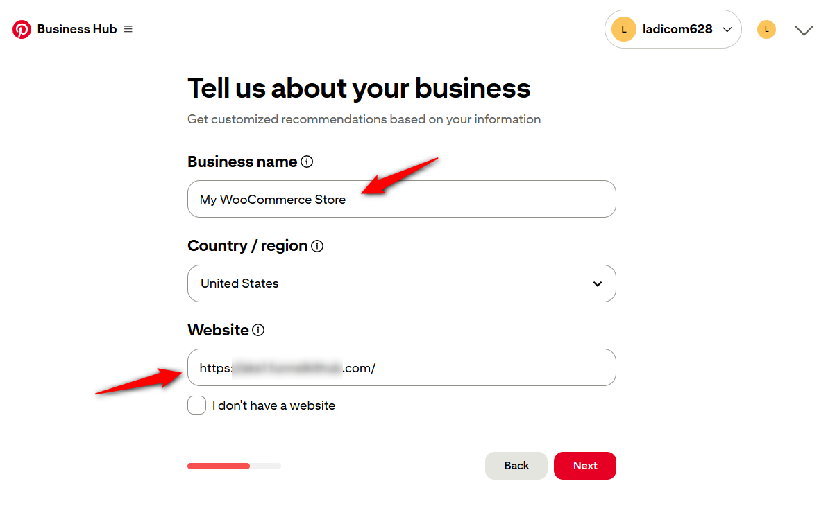 Set up your Pinterest Business account - enter your profile name, website, country and language