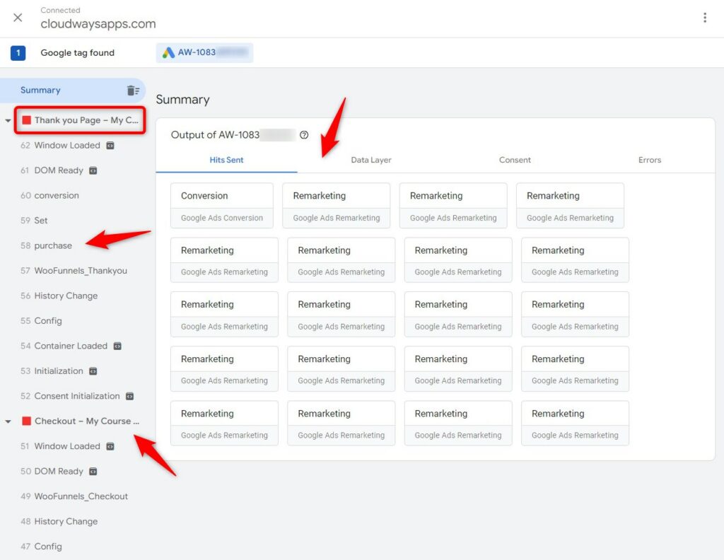 Purchase and checkout conversion events under Google ads conversion tracking
