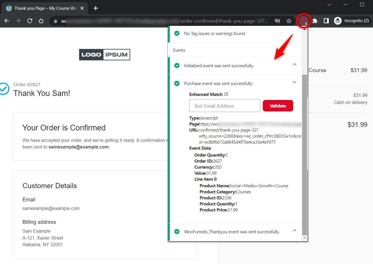 WooCommerce Pinterest Conversion Tracking event test - fill out the details and make a test purchase