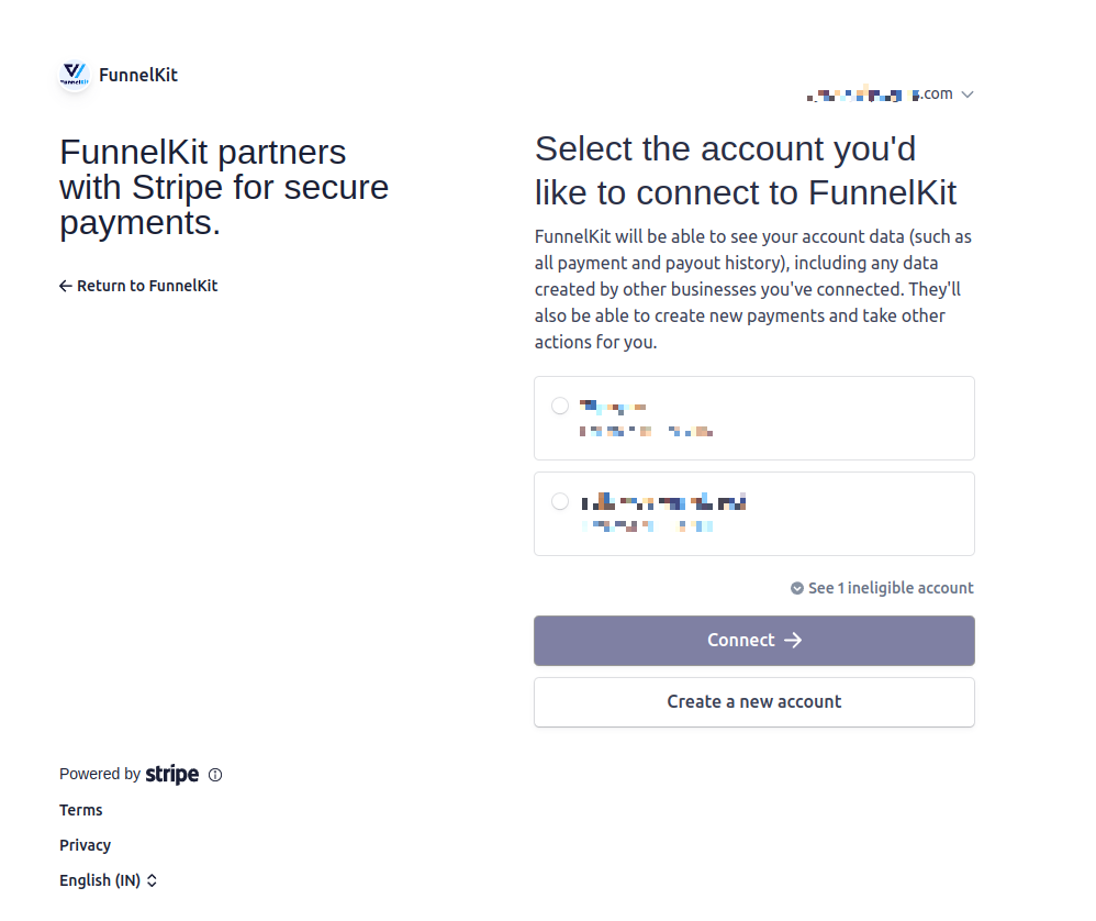 Select your Stripe account and click Connect