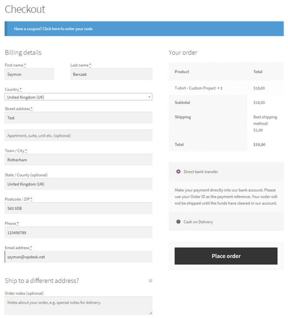 Default WooCommerce checkout page example