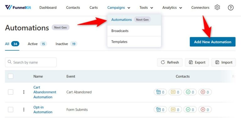 Click on 'Add New Automation' in FunnelKit Automations