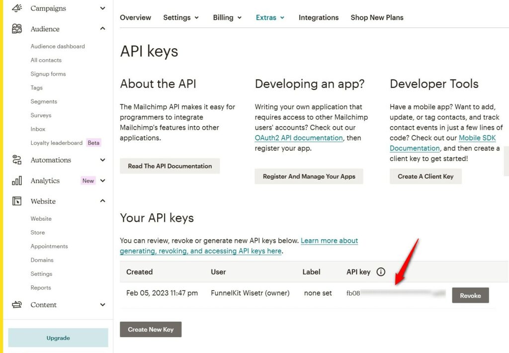 Copy the Mailchimp api key