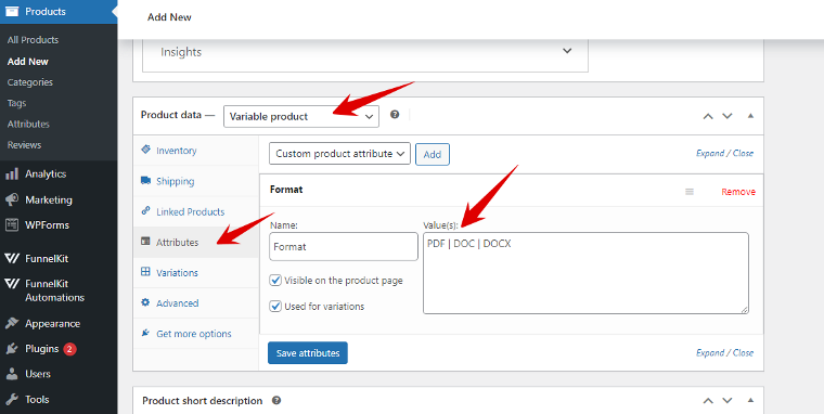 create attribute for variable products