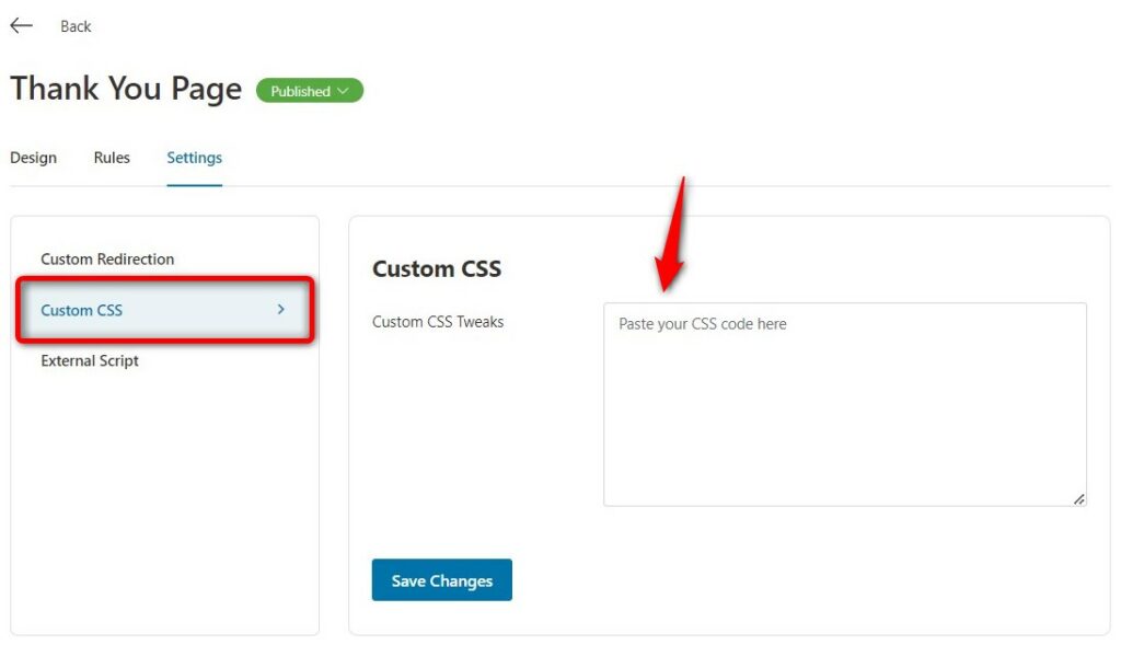 Custom CSS - Thank You Page settings