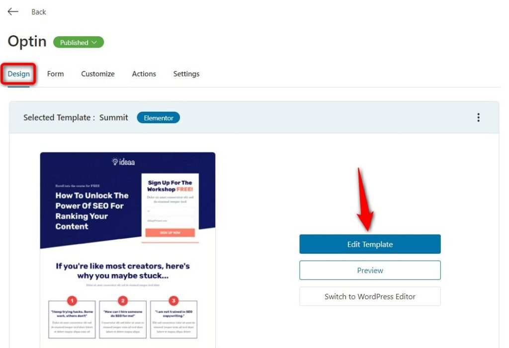 Click on Edit Template to start customizing your newsletter subscription landing page