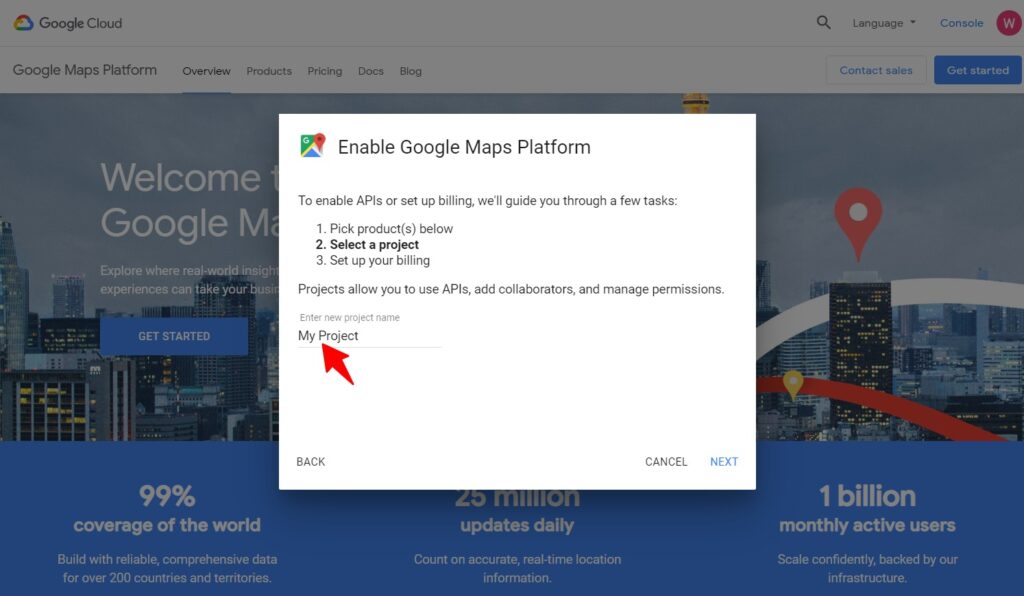 Create new project to use Google maps platform