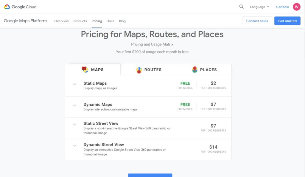 Google Maps API pricing