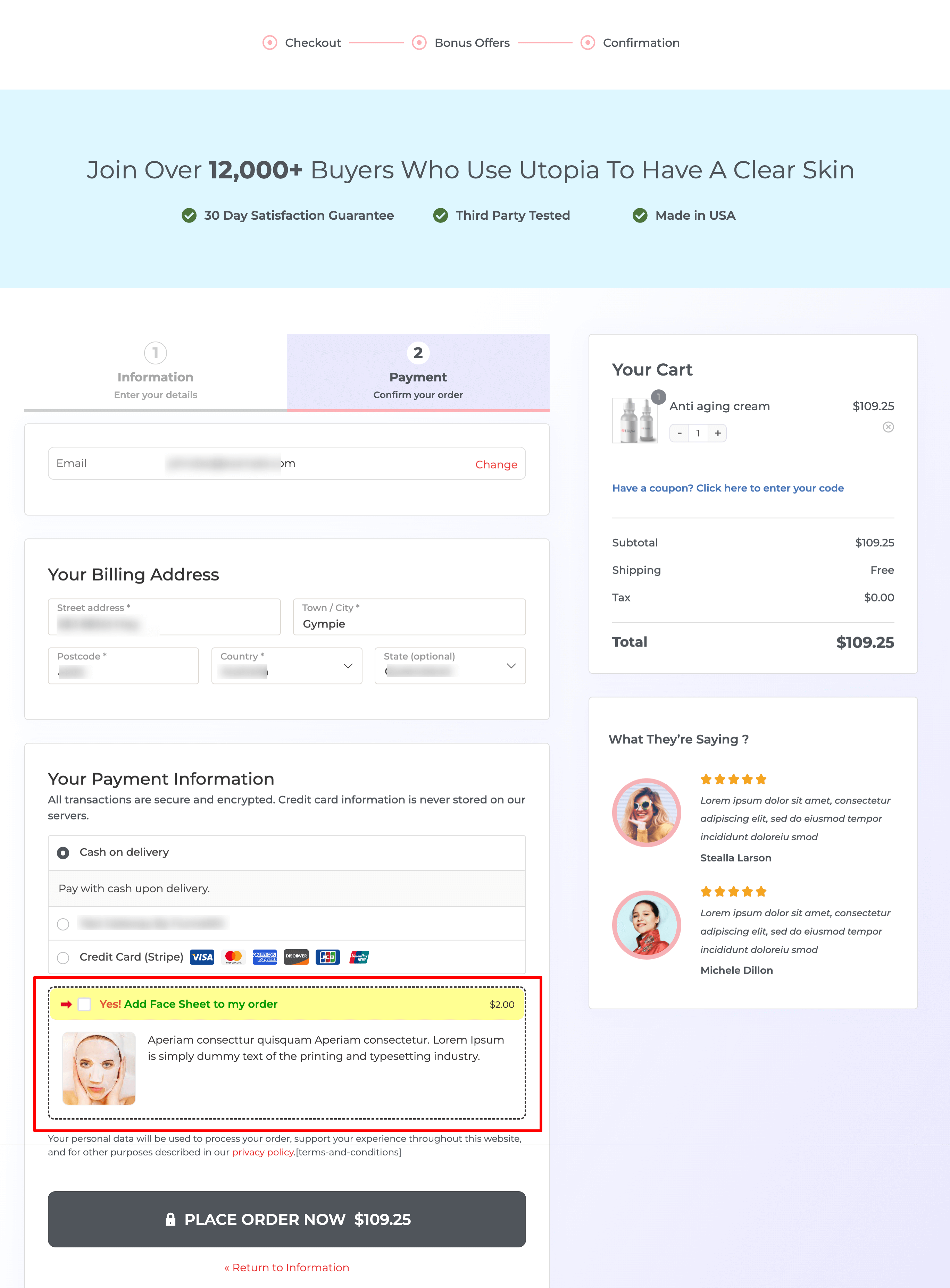 preview checkout page sales funnel for physical product