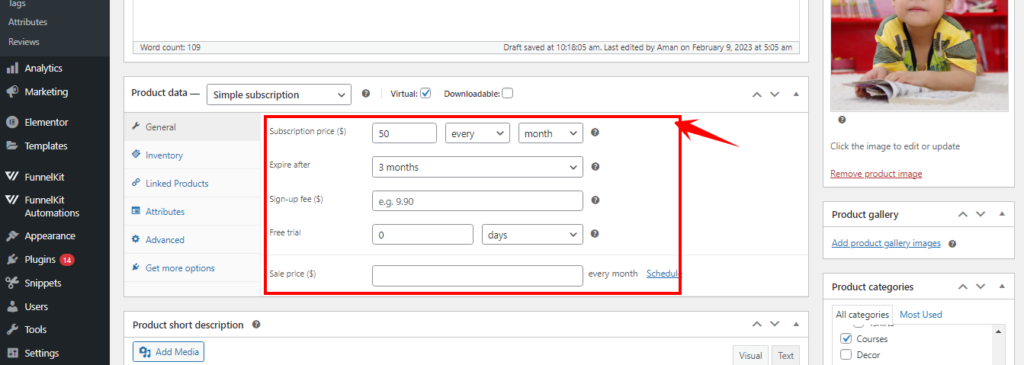 subscription products settings