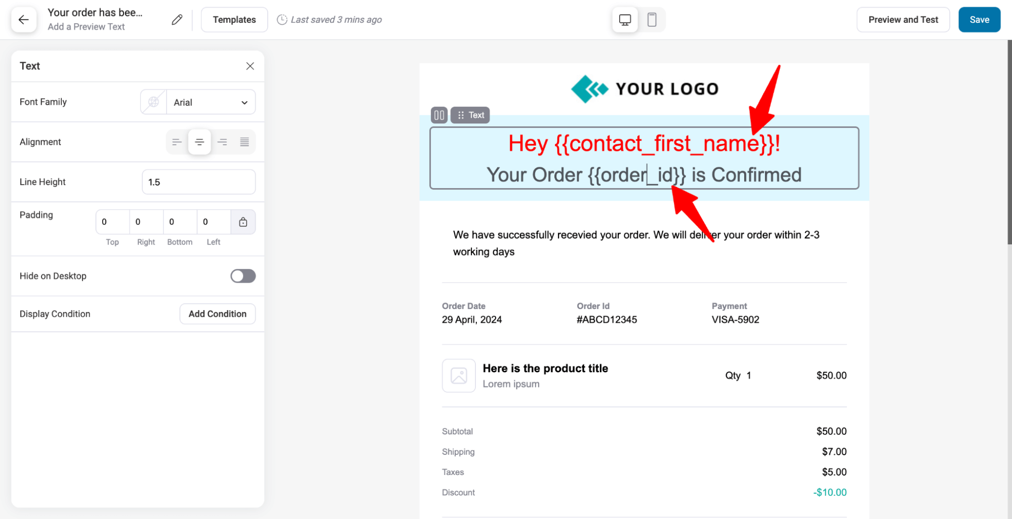 add customer first name and order id merge tag