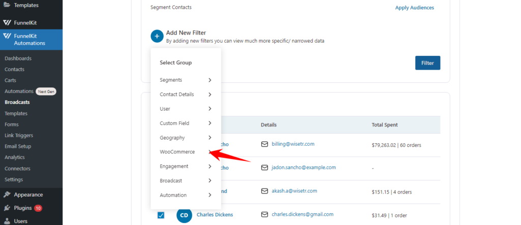 choose woocommerce to filter audience for broadcast email