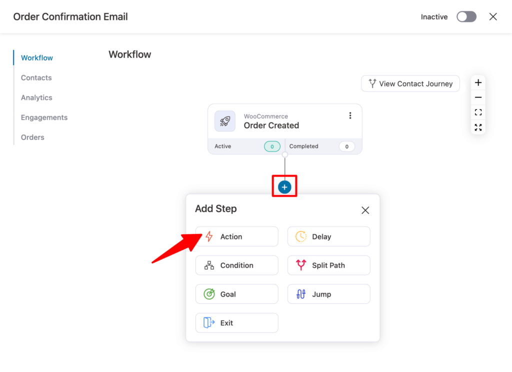 click action to add send email action