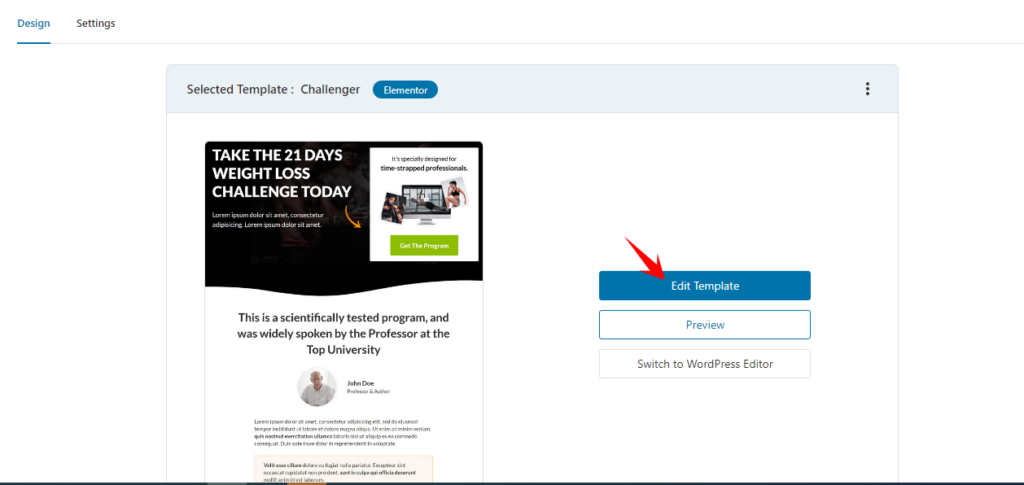 click on Edit template challengers with WordPress Elementor page builder
