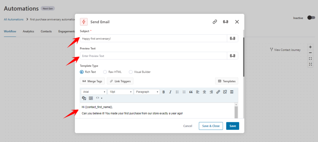 customize email subject preview and body WooCommerce triggered emails