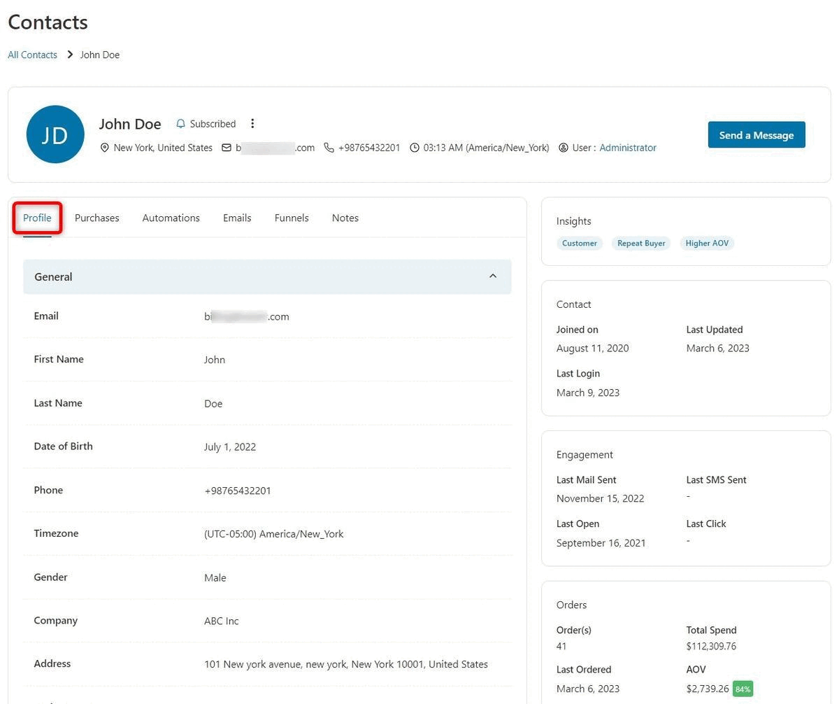 Detailed contact profile in FunnelKit Automations
