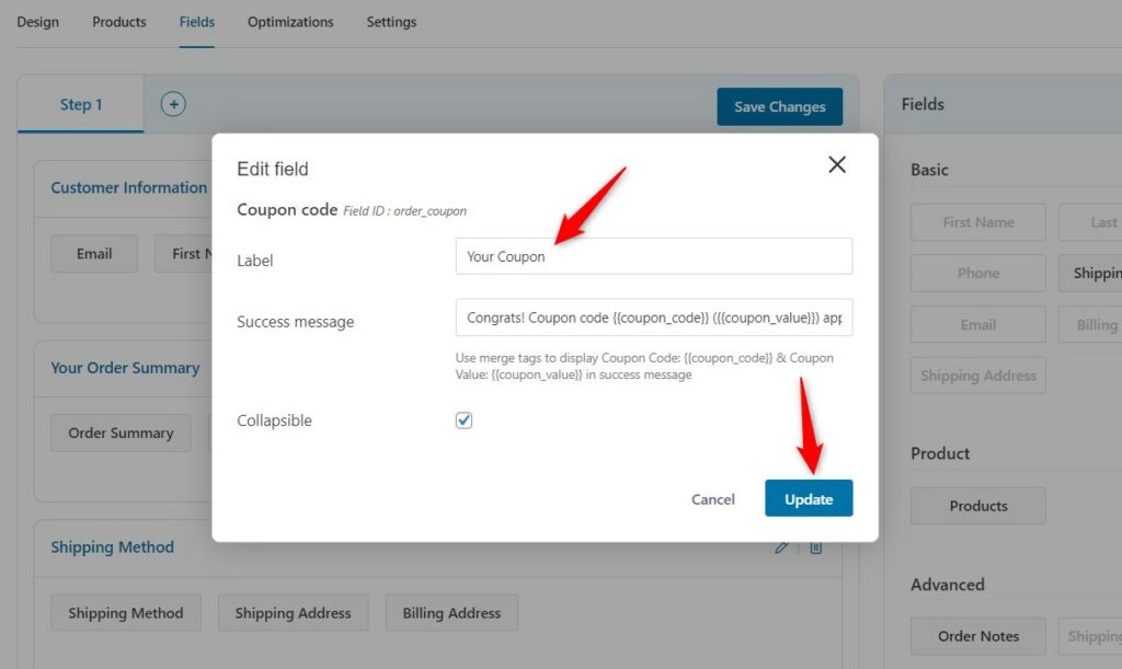 Edit the label of the Coupon field