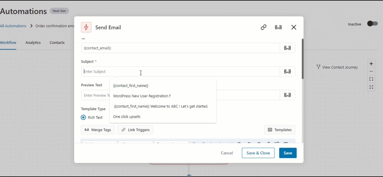 add merge tag to email body