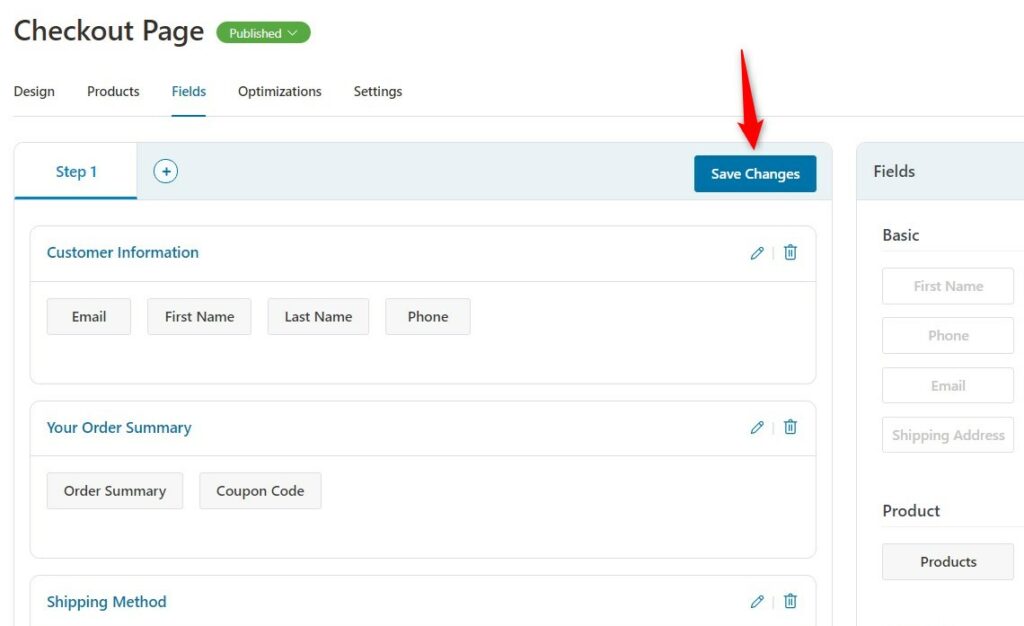 Save changes to the checkout fields