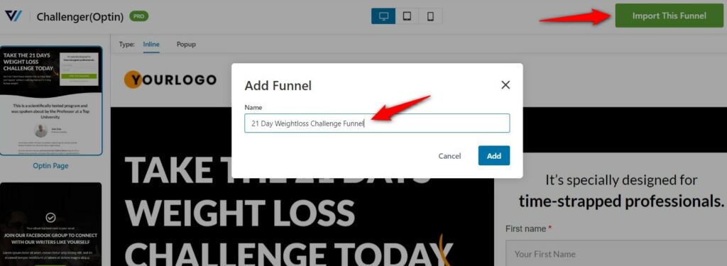 Name your funnel - 21 day weightloss challenge funnel