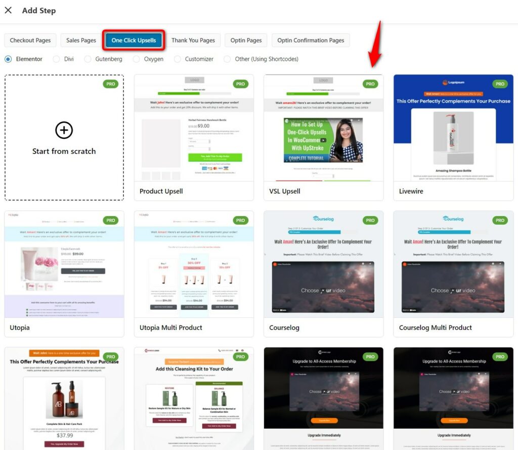 FunnelKit's templates for one-click upsell page