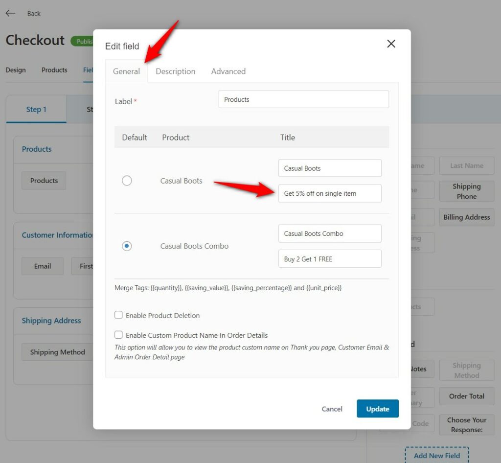 Editing the products field - writing title of your products on product-specific checkout
