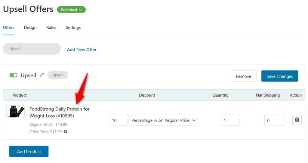 One-click upsell offer configured 