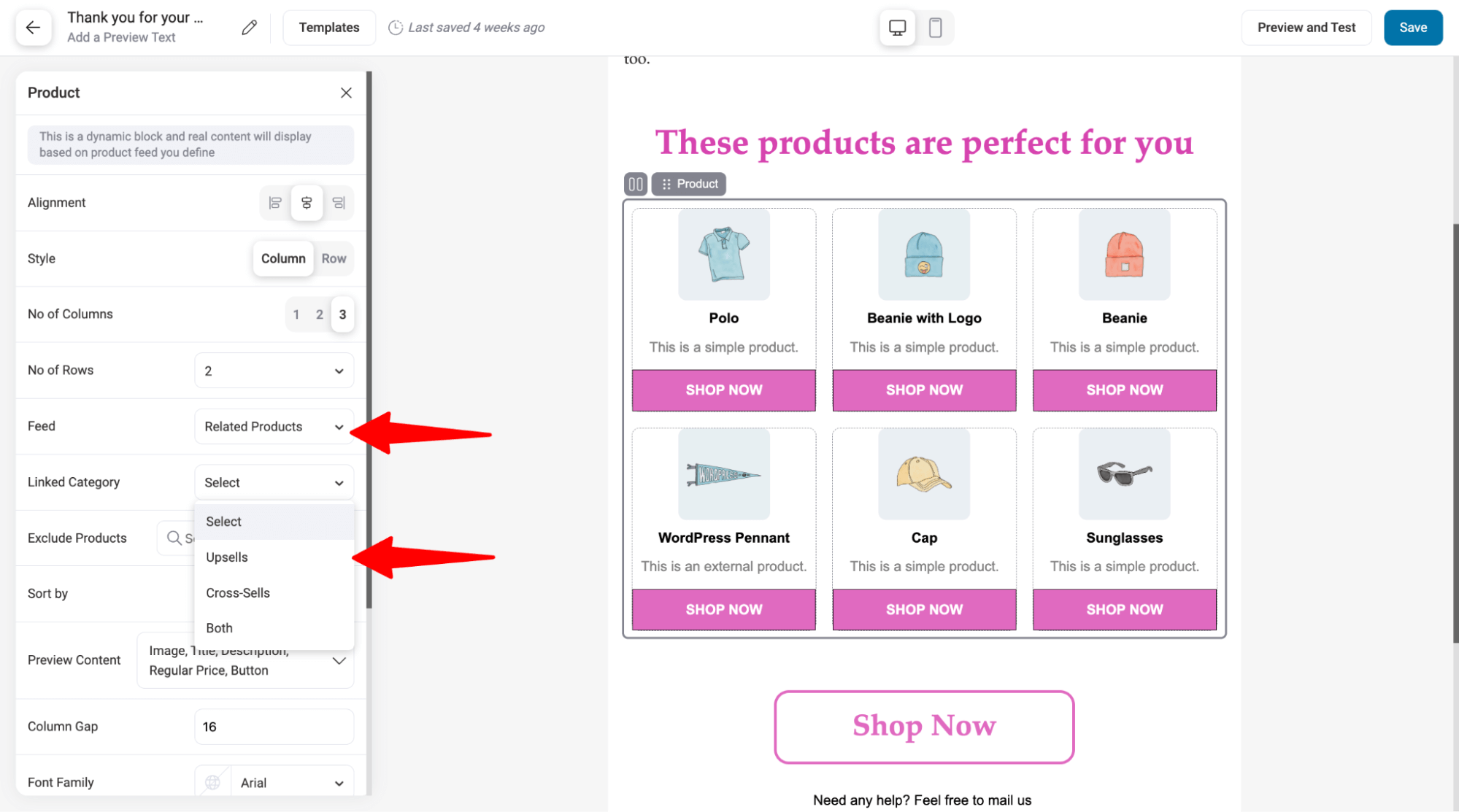 Add related upsell products to email