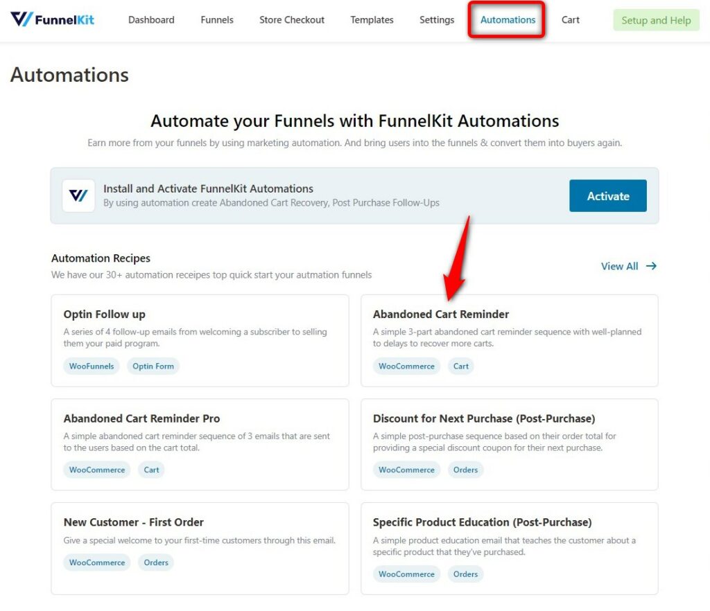 Set up abandonment cart reminder with FunnelKit Automations