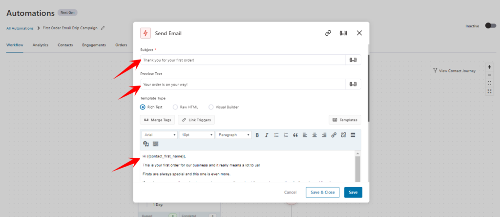 edit email subject line, preview and body email drip campaign