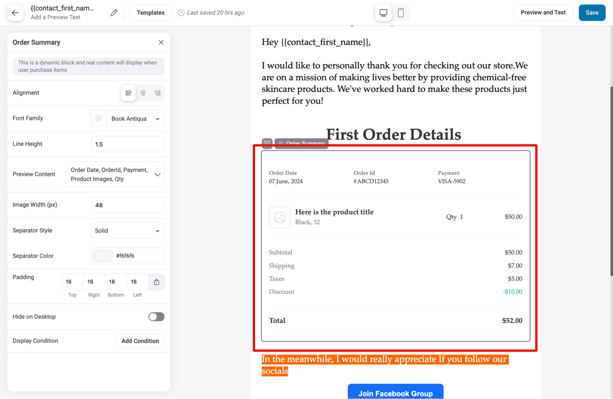 first order details , first email of email drip campaign