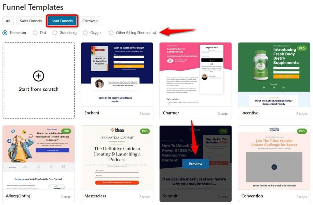 Lead funnel templates available in FunnelKit