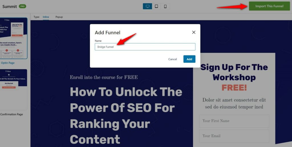 Name your funnel - Bridge Funnel and import