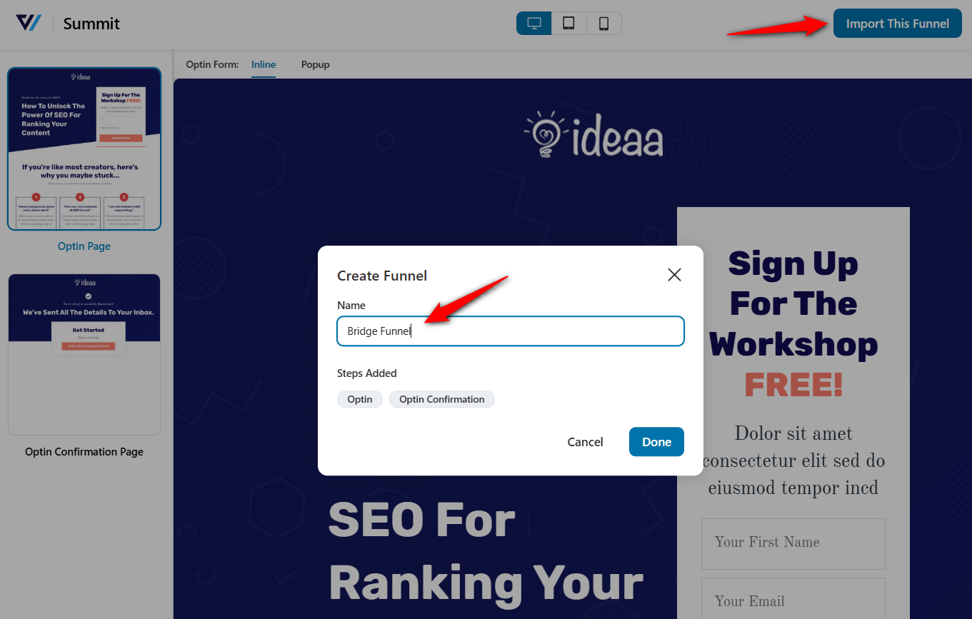 Name your funnel - Bridge Funnel and import