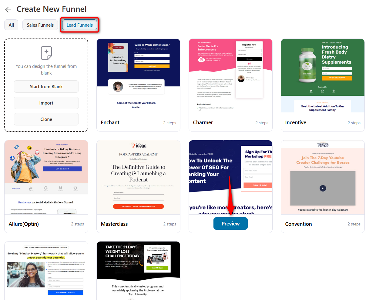 Lead funnel templates available in FunnelKit