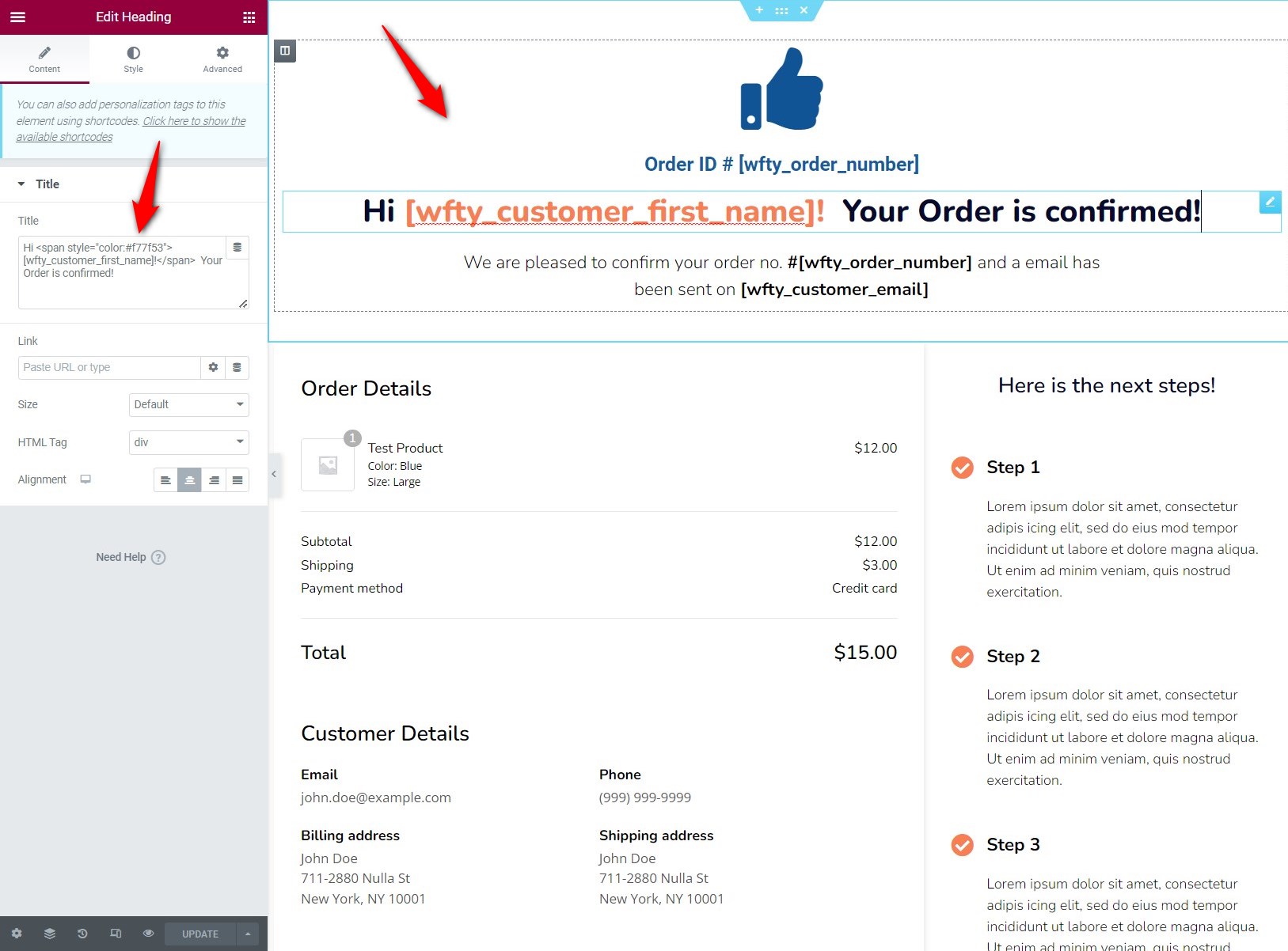 Customize the order confirmation page template