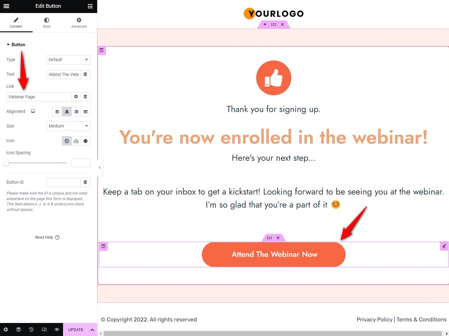 Link the CTA button to the webinar platform
