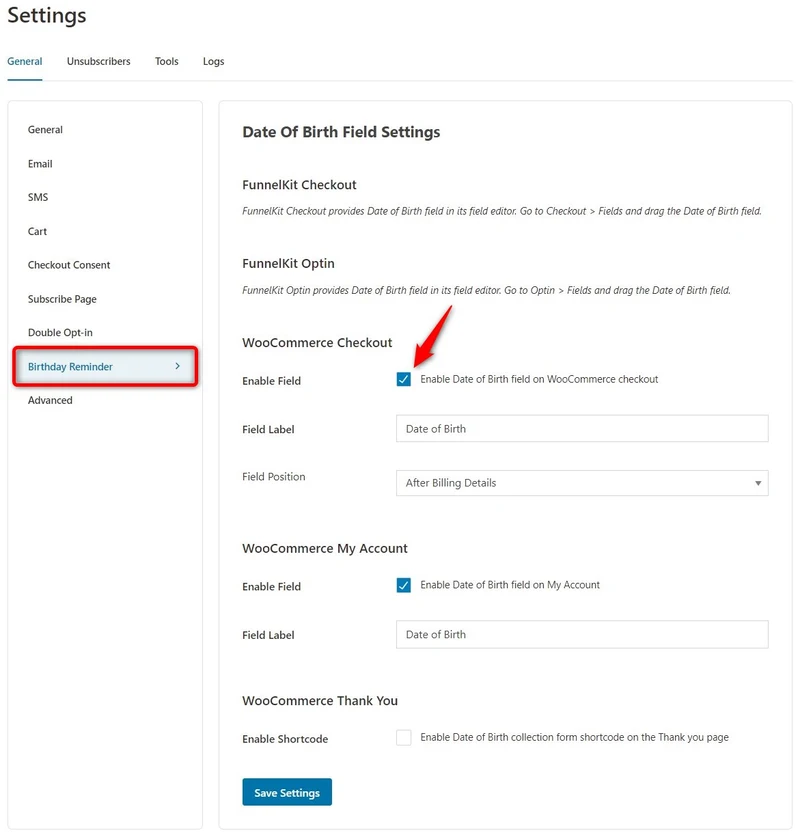 Date of birth settings to capture the DOB information