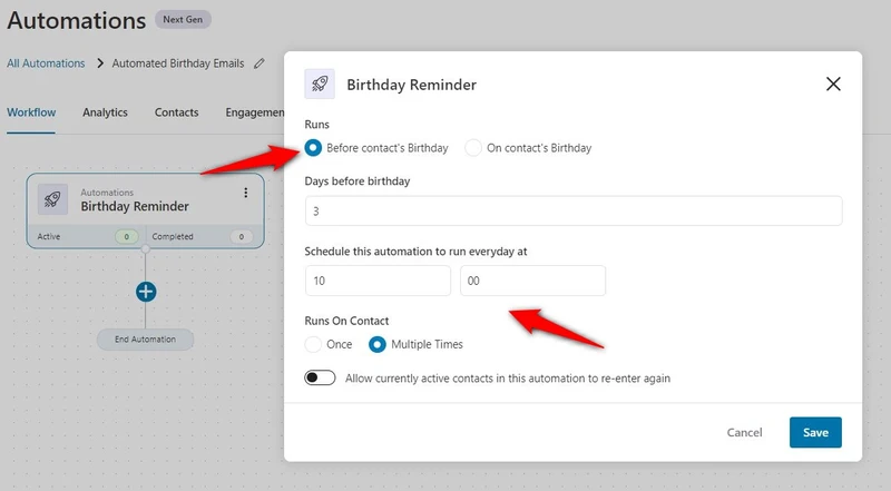 Configure the birthday reminder event - on or before contact's birthday